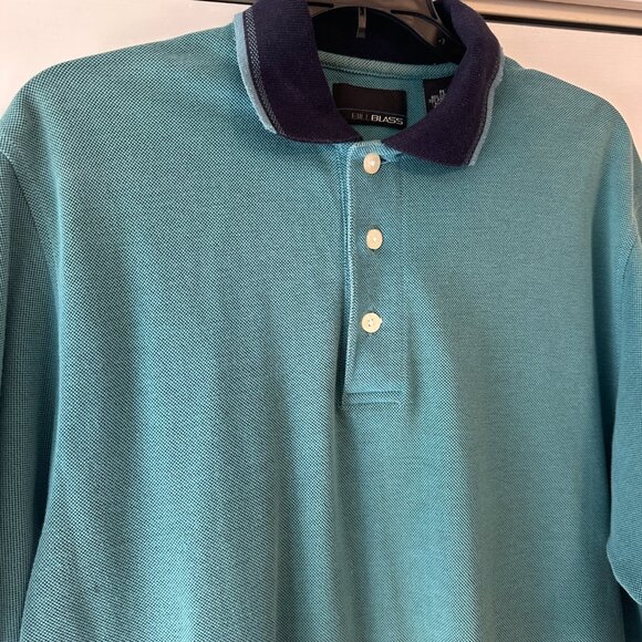 Bill Blass Mens Medium Button Short Sleeve Polo Shirt Green and Navy Blue Vtg - Picture 6 of 10